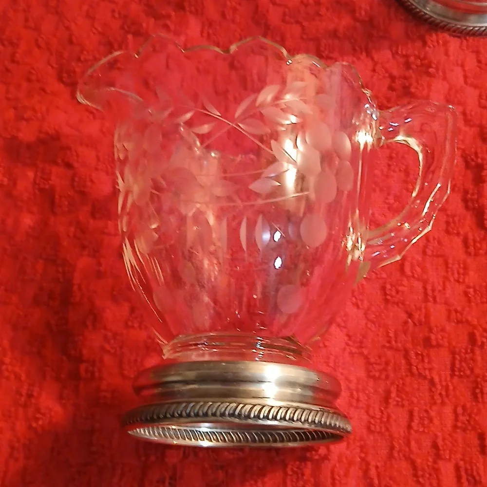Vintage Cambridge Crystal Glass Sugar & Creamer W/Sterling Silver Base